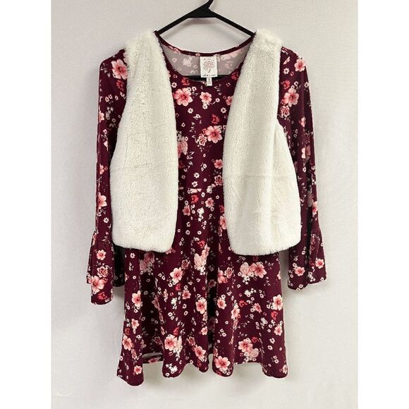 Self ❤️ Esteem Girls Bell Sleeve Dress with Attached Vest Red Floral Size M/10 - Picture 1 of 3